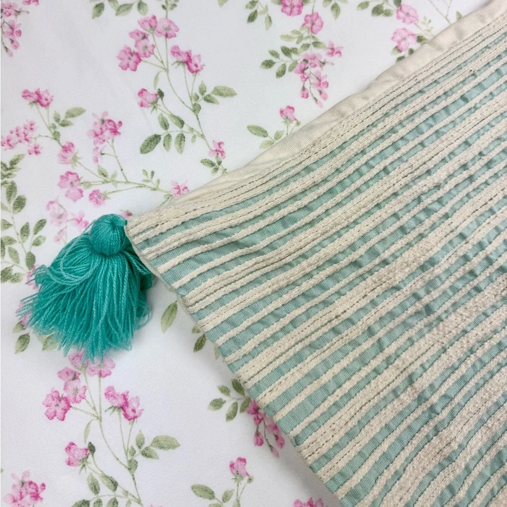 Pier 1 Mint & Ivory Woven Striped Decorative Throw Pillow Case with Tassels
